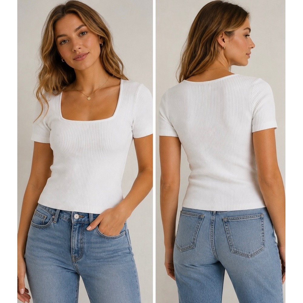 Muse Republic Clothing‎ White Ribbed Knit Square Neck Short Sleeve Top Small